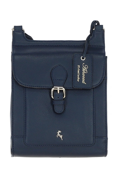 Ashwood Leather Leather Crossbody Bag. A navy leather crossbody bag with magnetic closure and gold hardware.