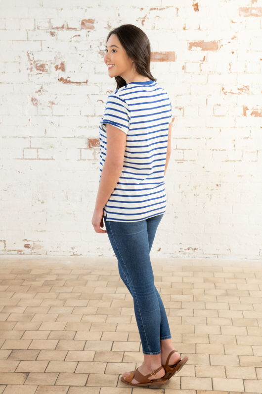 Lighthouse Causeway T-Shirt. A short sleeve t-shirt with a scoop neckline, a curved hem and an indigo striped design