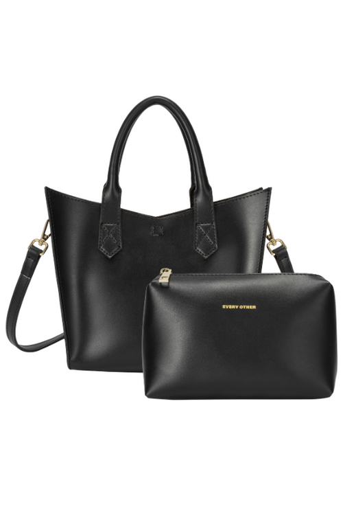 Every Other Twin Strap Grab Bag. A black faux leather bag with top handles, crossbody strap and removable pouch.