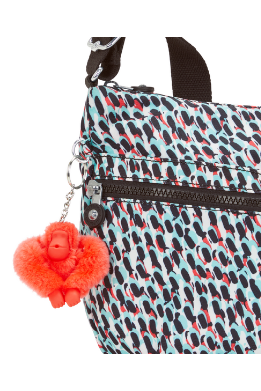 Kipling Izellah Medium Across Body Shoulder Bag. A crossbody bag with adjustable strap, zipped main compartment, multiple pockets, Kipling monkey charm, and all over abstract print.