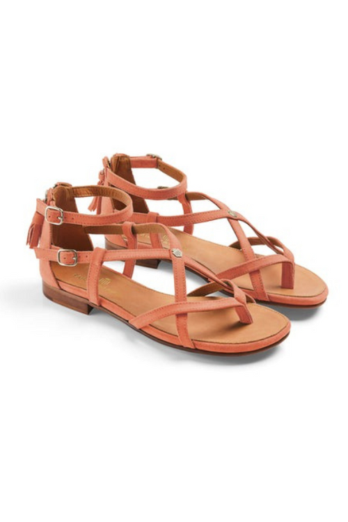 Fairfax & Favor Brancaster Sandal Suede. A pair of strappy Melon coloured sandals with padded insole, tassel detail, and shield logo.