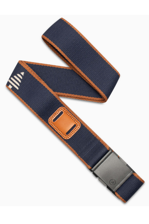 Arcade Belts Blackwood Adventure Belt. A stretch belt with custom fit buckle. This belt is navy and features tan accents and tree detail.