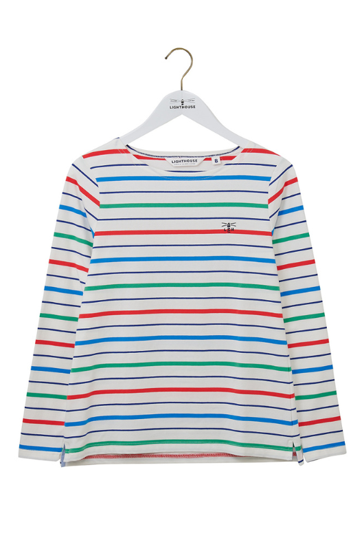 Lighthouse Causeway Breton Top. A long sleeve top with a classy boat neck, a stretchy cotton fabric finish and a fun blue, green and red stripe design