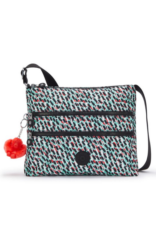 Kipling Alvar Medium Crossbody Bag. A lightweight crossbody bag with multiple zipped compartments and Kipling logo/monkey charm. This bag features an abstract multicoloured print.
