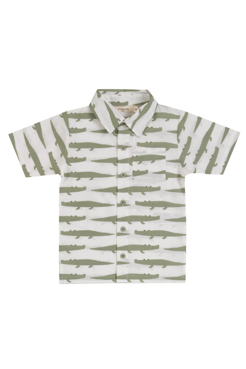 Pigeon Organics Woven Shirt. A short sleeve collared shirt with green crocodile print.