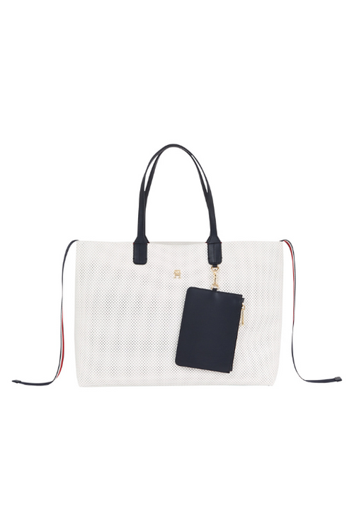 An image of the Tommy Hilfiger Iconic Tommy Perforated Tote in the colour Ecru.