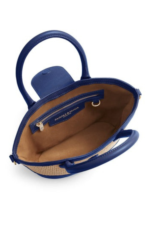 Fairfax & Favor Mini Windsor Leather Basket Bag. A basket bag with Porto Blue coloured details, tassel, crossbody strap, and studded base.
