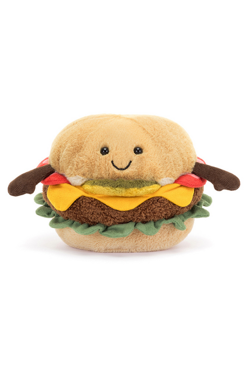 Jellycat Amuseable Burger. A soft toy burger with all the fixings, complete with a smiling face and arms.