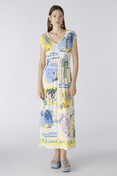Oui Multi Print Dress. A midi length dress with short sleeves, V-neck, tie waist detail, and all-over unique print.