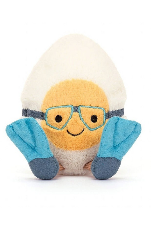 Jellycat Amuseable Boiled Egg Scuba. A boiled egg soft toy wearing blue flippers and goggles, with a smiling face.
