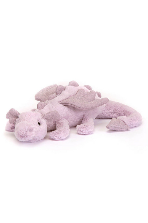 Jellycat Little Dragon. A lavender coloured soft toy dragon with sparkly ears, wing and spines, long tail and fluffy fur. 