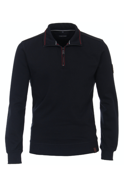Casa Moda 1/2 Zip Sweatshirt. A navy sweatshirt with long sleeves, high collar, 1/2 zip closure, and Casa Moda logo.