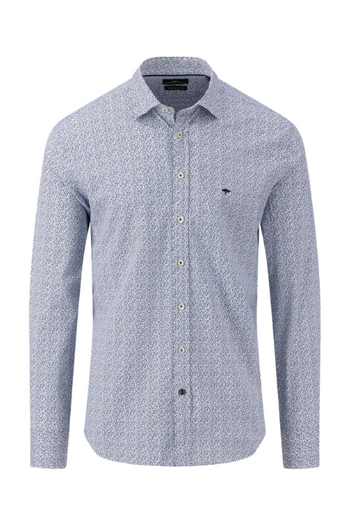 Fynch-Hatton Cotton Shirt. A casual fit, smooth cotton shirt with button fastening, a kent collar, and a minimal design on a blue background.