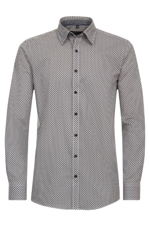 Casa Moda Long Sleeve Print Shirt. A long sleeve shirt with casual fit, Kent collar, and button fastening, complete with all over blue and white print.