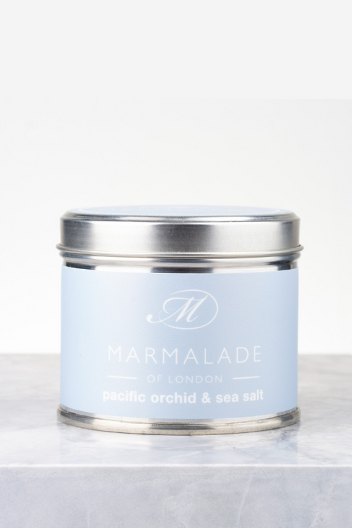 Marmalade of London Tin Candle - Pacific Orchid & Sea Salt scent in light blue