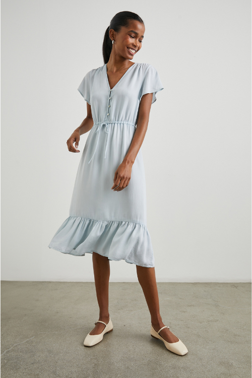 Rails Kiki Dress. A midi dress with short sleeves, a V-neck, a drawstring waist and stylish ruffles at the hem