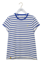 Lighthouse Causeway T-Shirt. A short sleeve t-shirt with a scoop neckline, a curved hem and an indigo striped design