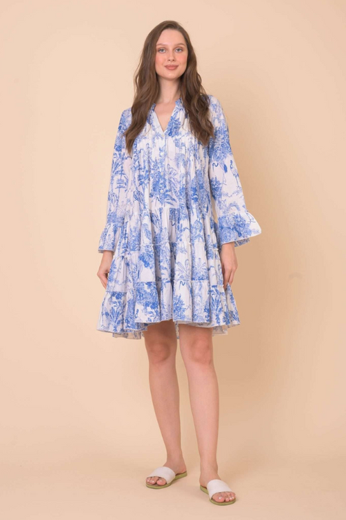 An image of a female model wearing the Handprint Dream Apparel Lobster Dress in the colour Blue Sketch.