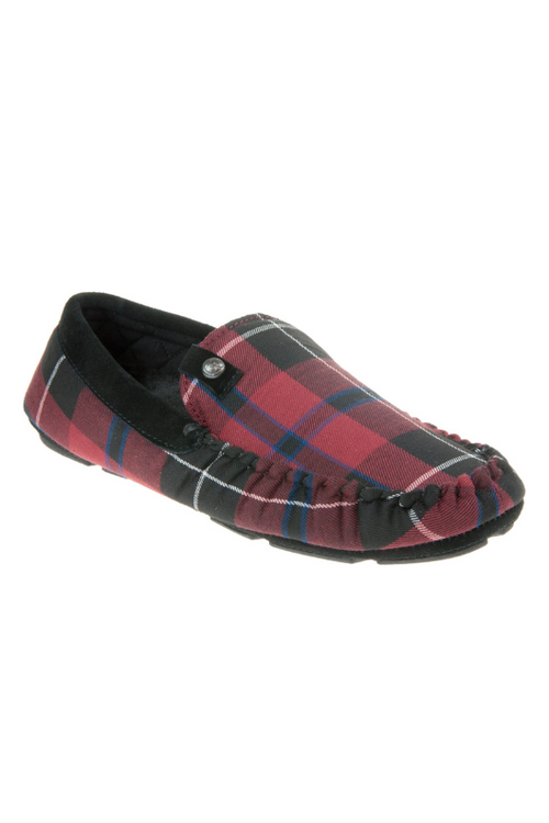 An image of the Bedroom Athletics Benedict Moccasin Slippers in the colour Merlot Check.