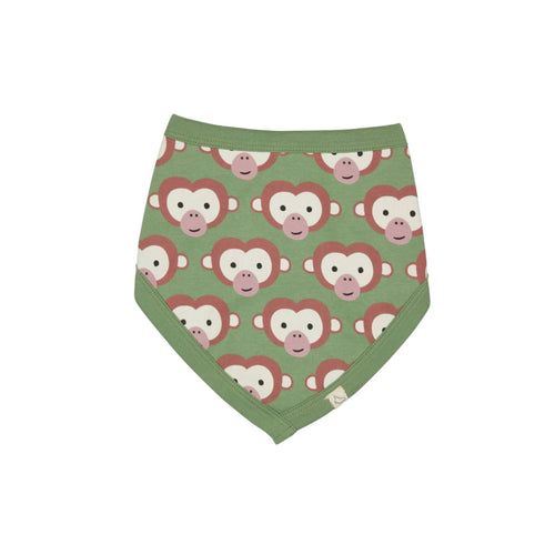 Pigeon Organics Bib. A reversible bib with stripes on one side and monkeys against a green background on the reverse.