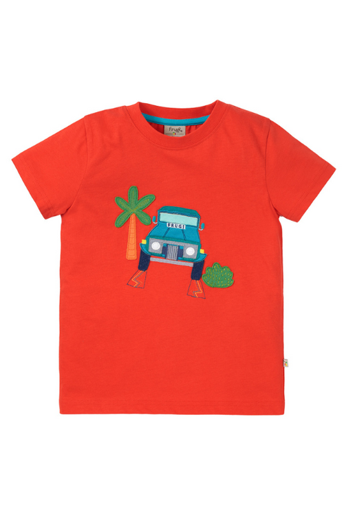 Frugi Avery Applique T-Shirt. A short sleeve T-shirt with round neckline and motif print of a vehicle. This top is in the colour orange.