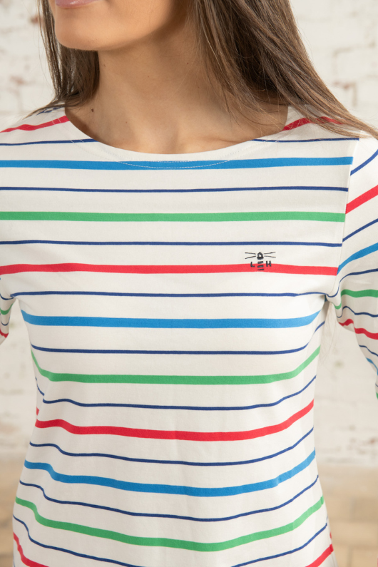 Lighthouse Causeway Breton Top. A long sleeve top with a classy boat neck, a stretchy cotton fabric finish and a fun blue, green and red stripe design