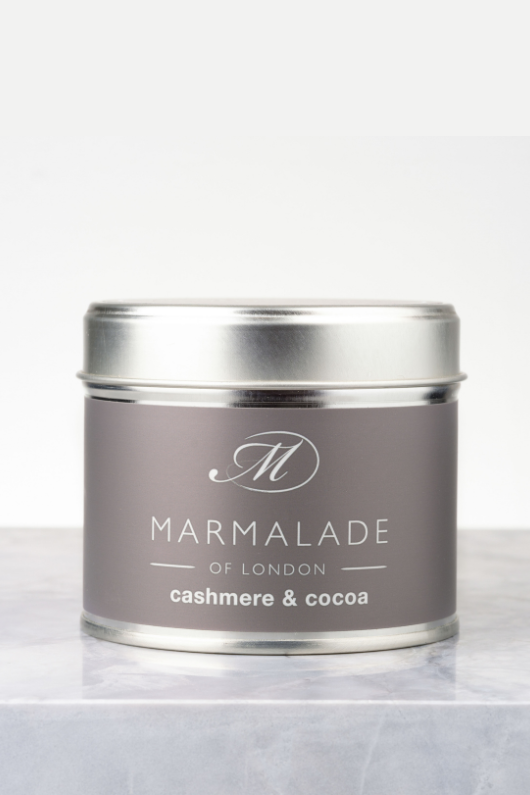 Marmalade of London Tin Candle - Cashmere & Cocoa scent in brown packaging