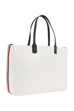 An image of the Tommy Hilfiger Iconic Tommy Perforated Tote in the colour Ecru.