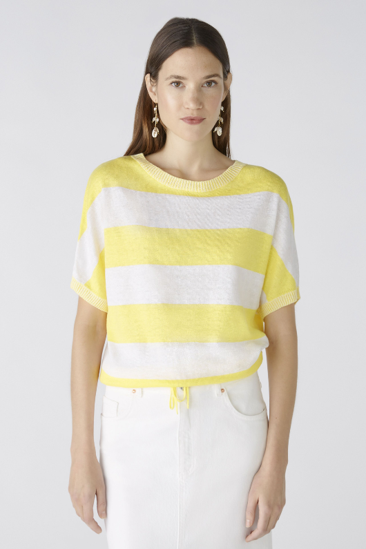 Oui Block Stripe Jumper. A knit jumper with yellow and white block stripes, round neckline, batwing sleeves, and drawstring cord at the hemline.
