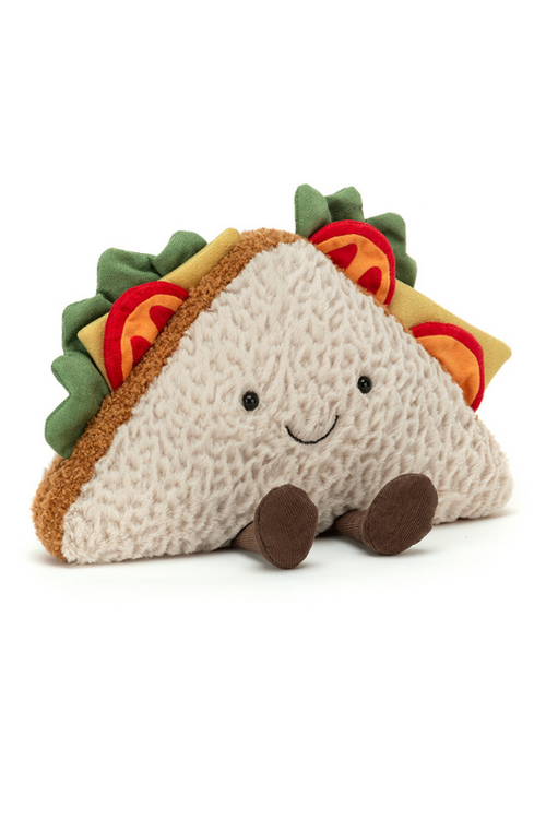 Jellycat Amuseable Sandwich. A cute soft toy sandwich with fluffy bread, tomatoes, lettuce, cheese, and a smiling face.