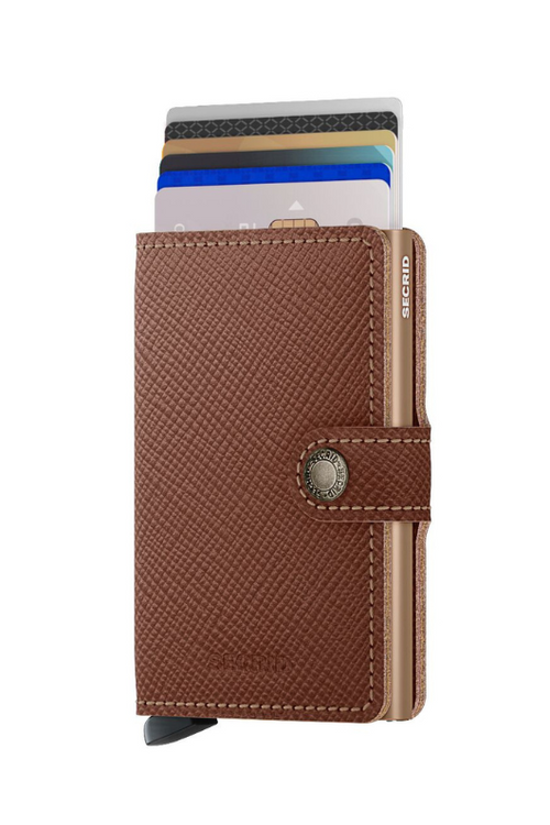 Secrid Saffiano Miniwallet in colour caramel - front view showing card holding capacity