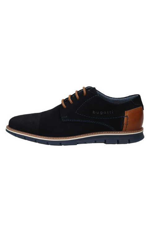 Bugatti Simone Comfort Shoe. Men's smart shoes with lace-up fastening, and a navy design with tan accents at the heel and laces.