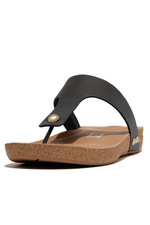 Fitflop iQushion Leather Toe Post Sandal. A pair of lightweight sandals wish cushioned sole, arch support, black leather T-bar design featuring metal studs, and cork sole.