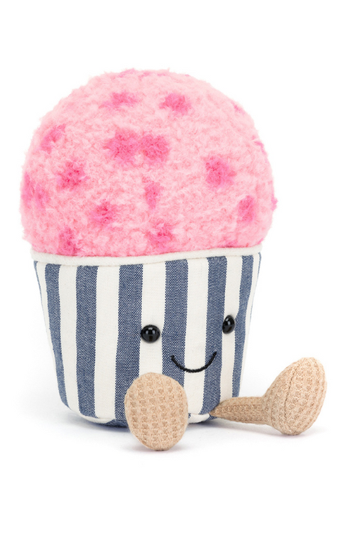 Jellycat Amuseable Gelato. A soft toy with pink gelato scoop, waffle feet and striped blue and cream tub.