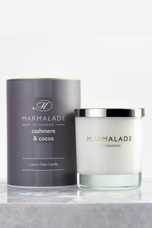 Marmalade of London Luxury Glass Candle - Cashmere & Cocoa scent in brown packaging