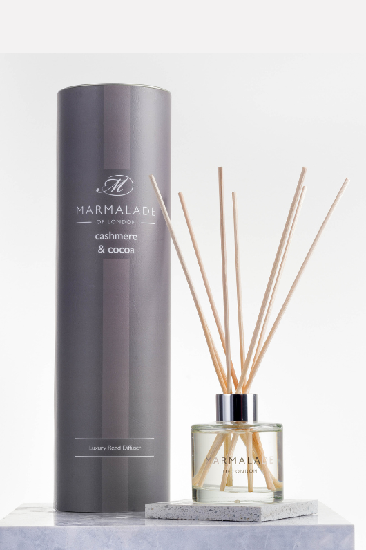 Marmalade of London Luxury Reed Diffuser - Cashmere & Cocoa scent in brown packaging