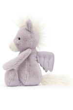 Jellycat Bashful Pegasus. A soft toy Pegasus with soft lilac fur, stitched fluttery wings, and suedette muzzle.