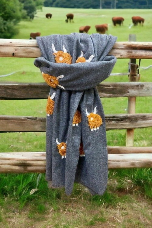 An image of the Orchid Designs Brown Mohair Highland Cow Charcoal Scarf.