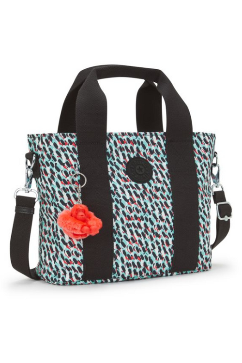 Kipling Minta Medium Tote Bag. A tote bag with top handles, adjustable shoulder strap, multiple compartments, Kipling monkey keyring, and multicoloured print.