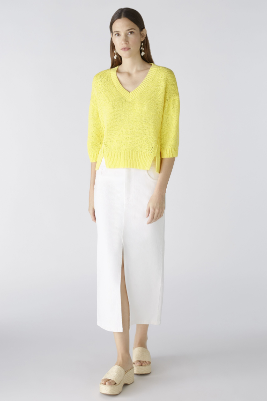 Oui 3/4 Sleeve Jumper. A yellow boxy fit jumper with 3/4 length sleeves, V-neckline, and split hem.