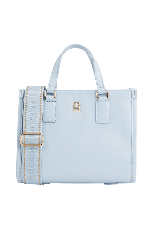 An image of the Tommy Hilfiger Monotype Webbing Strap Small Tote in the colour Breezy Blue.