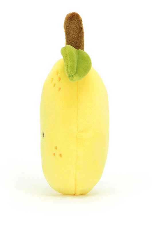 Jellycat Fabulous Fruit Lemon. A soft toy lemon with yellow fur, green leaves, and smiling face.