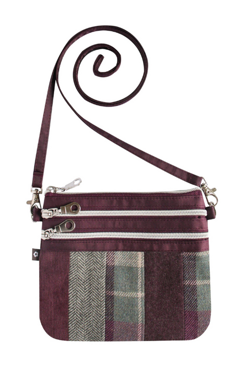 Earth Squared Zip Pouch. A bag with 3 compartments with zip closure, satin strap, and patchwork tweed design in the style Aberlady.