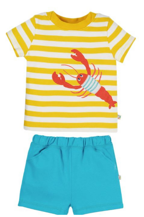 Frugi Easy On Outfit. A set featuring a T-shirt and shorts. The T-shirt features yellow/white stripes, a lobster applique, and has short sleeves and a round neckline. The shorts are blue and have pockets and an elasticated waistband.