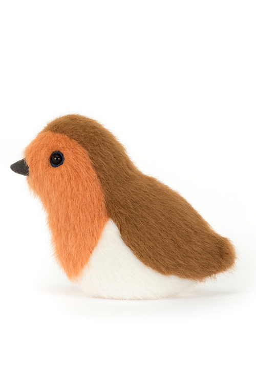 Jellycat Birdling Robin. A cute robin soft toy with brown, orange, and white fur, shiny eyes and tiny beak.