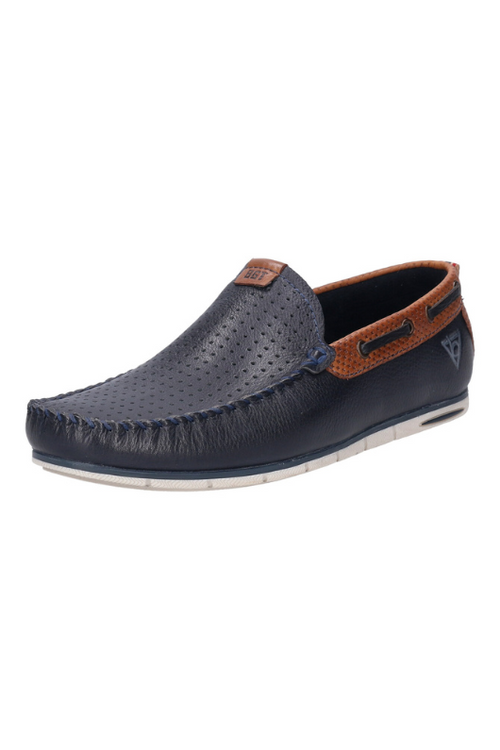 Bugatti Chesley Moccasin. Men's leather loafers with flexible soles, tan accents and a chic navy design.