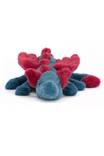 Jellycat Dexter Dragon Little. A soft toy dragon with blue fur and red spines, horns, and tail.