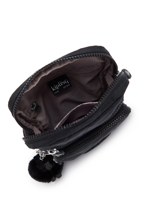 Kipling Gunne Small Crossbody Bag with black noir design with zip closure, external pocket and Kipling monkey keychain