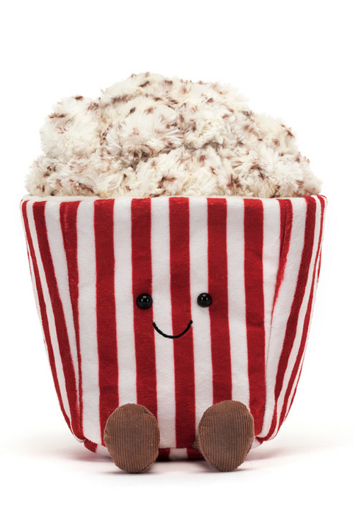 Jellycat Amuseable Popcorn. A soft toy with cuddly red and white striped carton and fluffy popcorn top, complete with smiling face and little legs