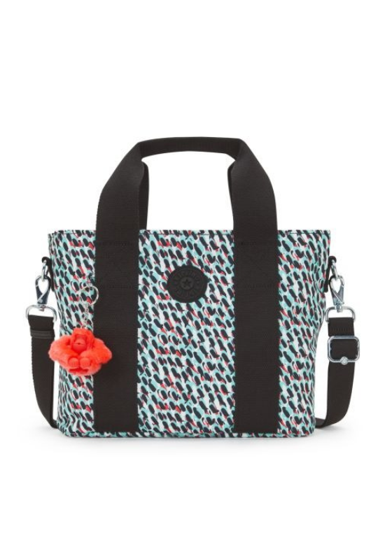 Kipling Minta Medium Tote Bag. A tote bag with top handles, adjustable shoulder strap, multiple compartments, Kipling monkey keyring, and multicoloured print.